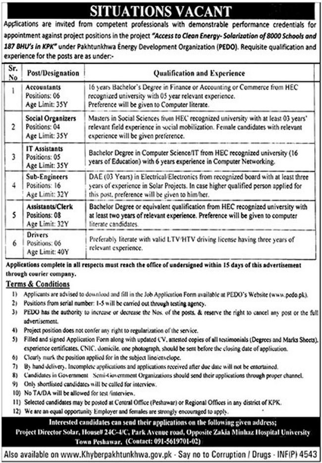 PEDO KP Jobs 2019 for 45+ Accountants, Sub-Engineers, IT Assistants, Assistants, Clerks, Social Organizers & Drivers