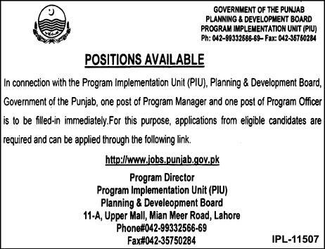 Punjab Planning & Development Board Jobs 2019 for Program Officer and Manager Posts