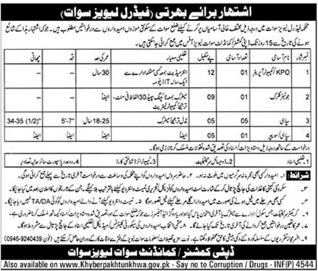 Federal Levies Swat KP Jobs 2019 for Computer Operator, Junior Clerk and Sipahi Posts