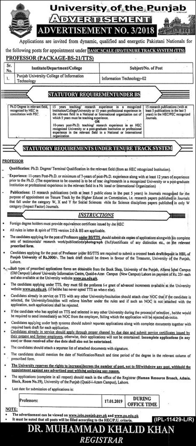 University of the Punjab Jobs (3/2018) for Teaching Faculty
