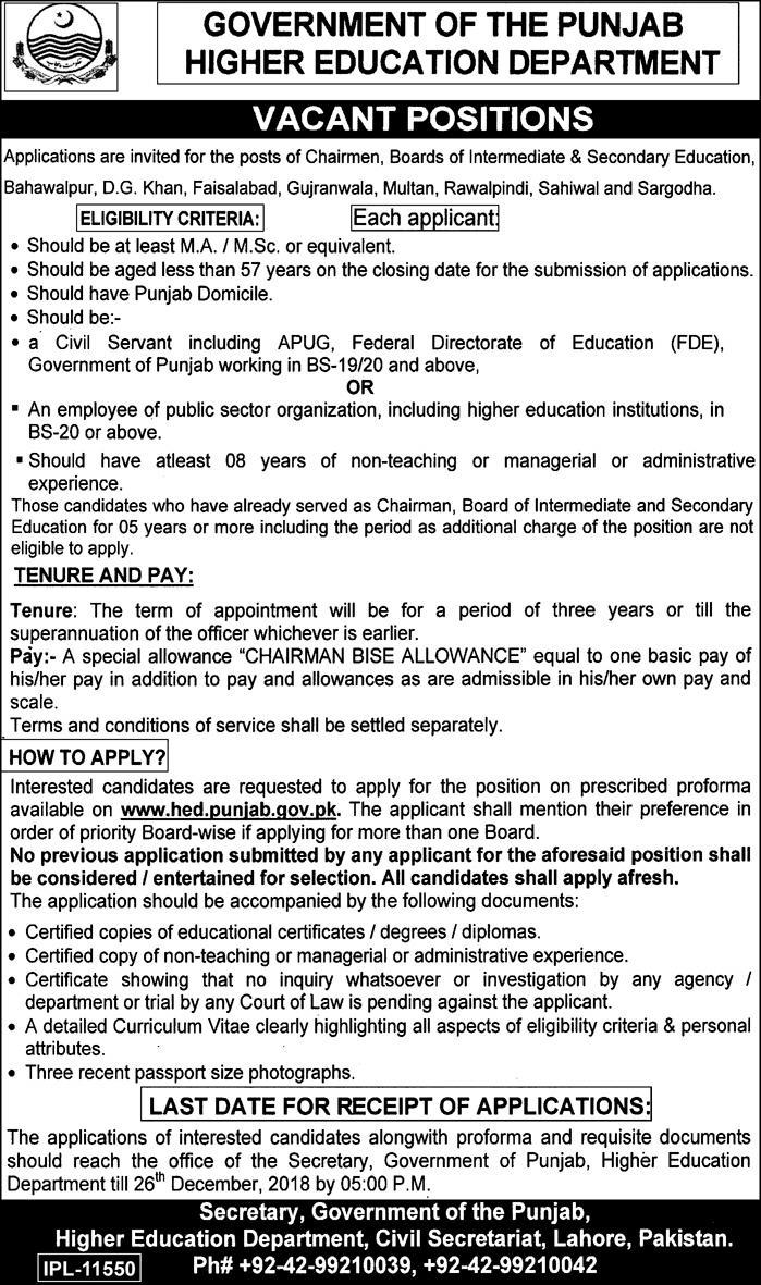 Higher Education Department Punjab Jobs 2019 for 8+ Chairman BISE Posts