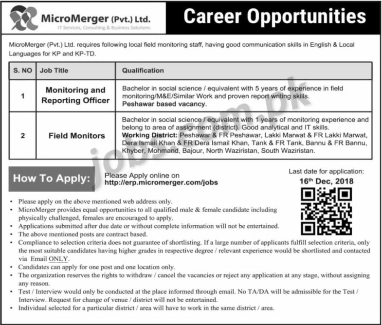 MicroMerger Pvt Ltd Jobs 2019 for 100+ Field Monitors and Monitoring/Reporting Officers