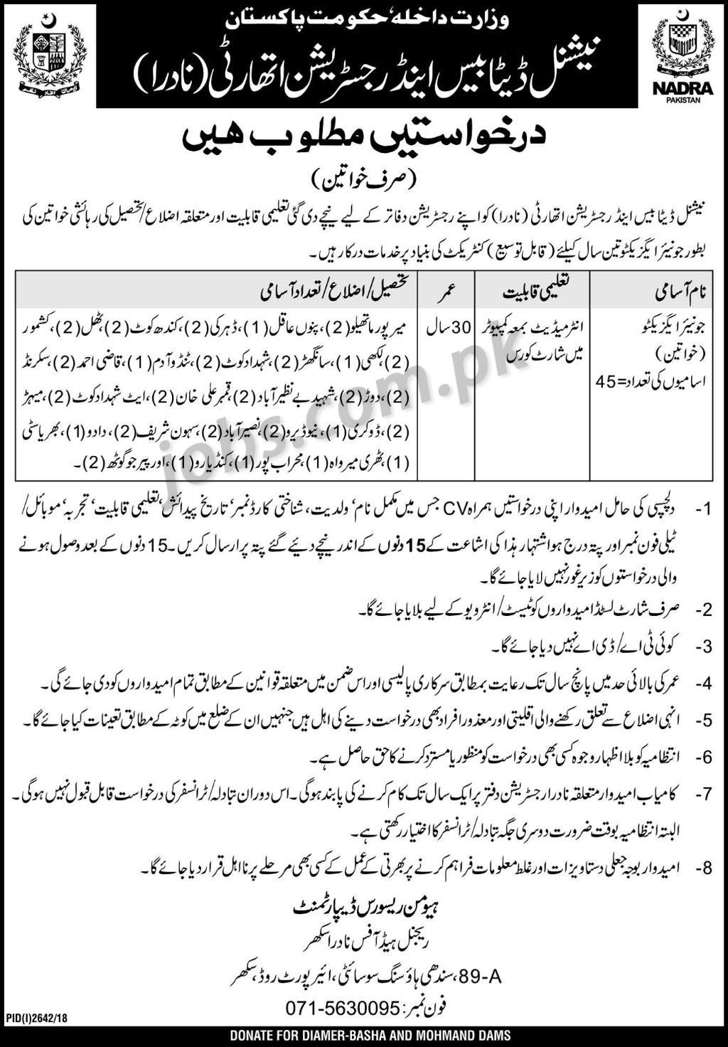 NADRA Jobs 2019 for 45+ Junior Executives (26 Sindh Districts/Tehsils) – Part 7
