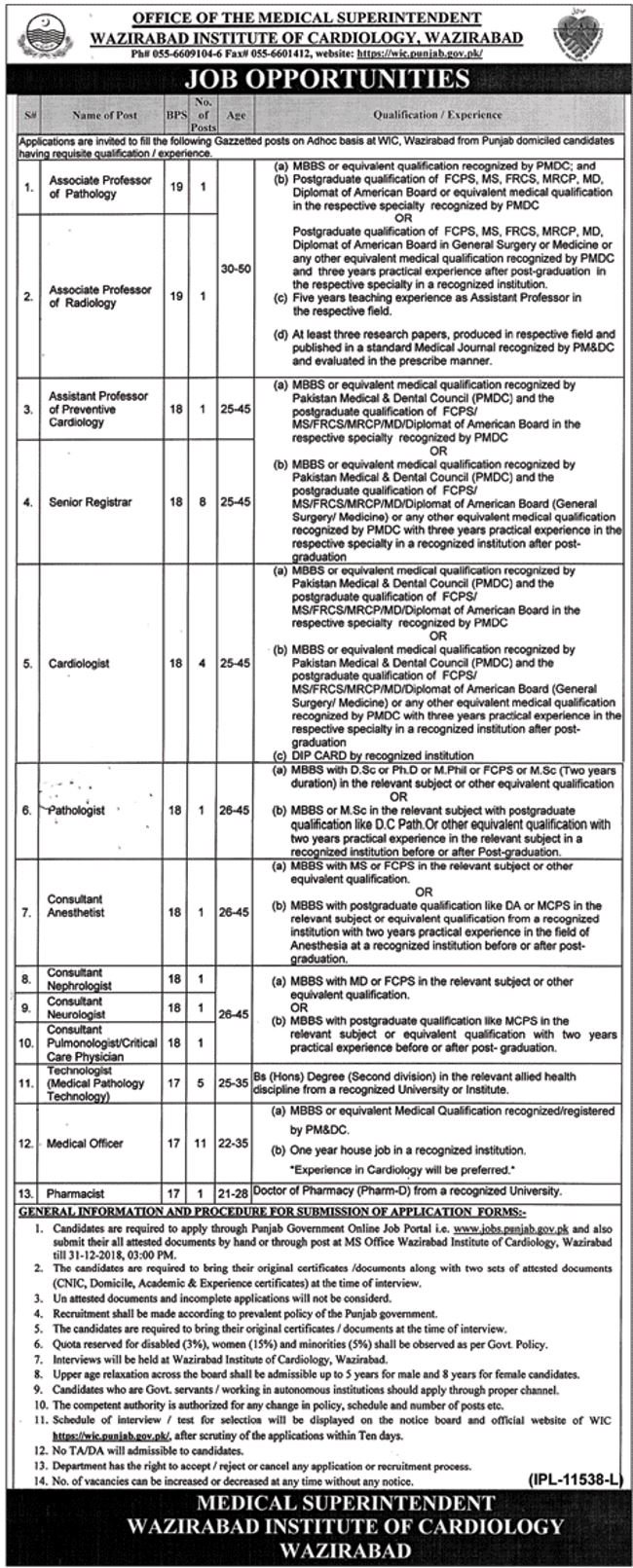 Wazirabad Institute of Cardiology Jobs 2019 for 37+ Posts (Multiple Categories)