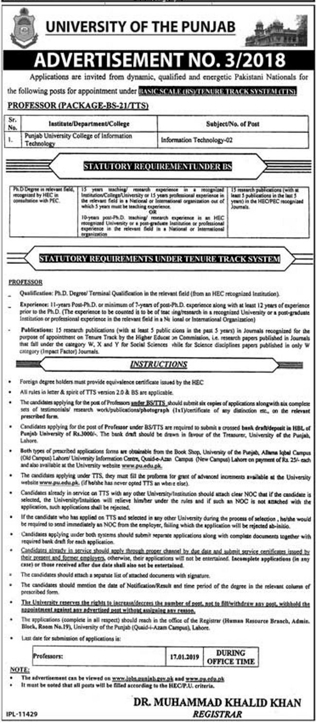 University of Punjab Jobs 2019 for Teaching Faculty Posts