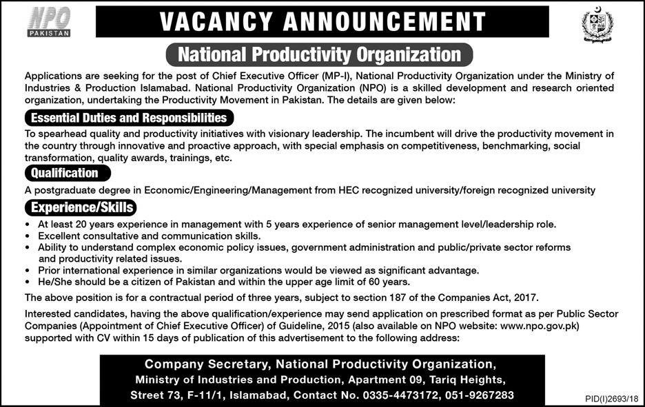 National Productivity Organization (NPO) Jobs 2019 for the post of CEO