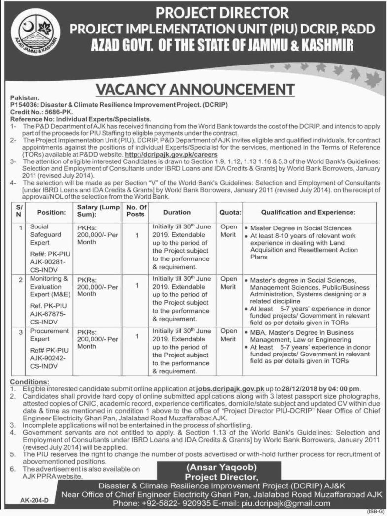 Planning & Development Department AJK Jobs 2019 for M&E, Procurement & Social Safeguard Experts