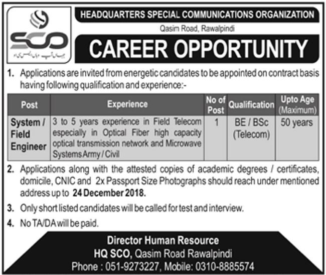 Headquarters Special Communications Organization (SCO) Jobs 2019 for IT / Field / System Engineer Post