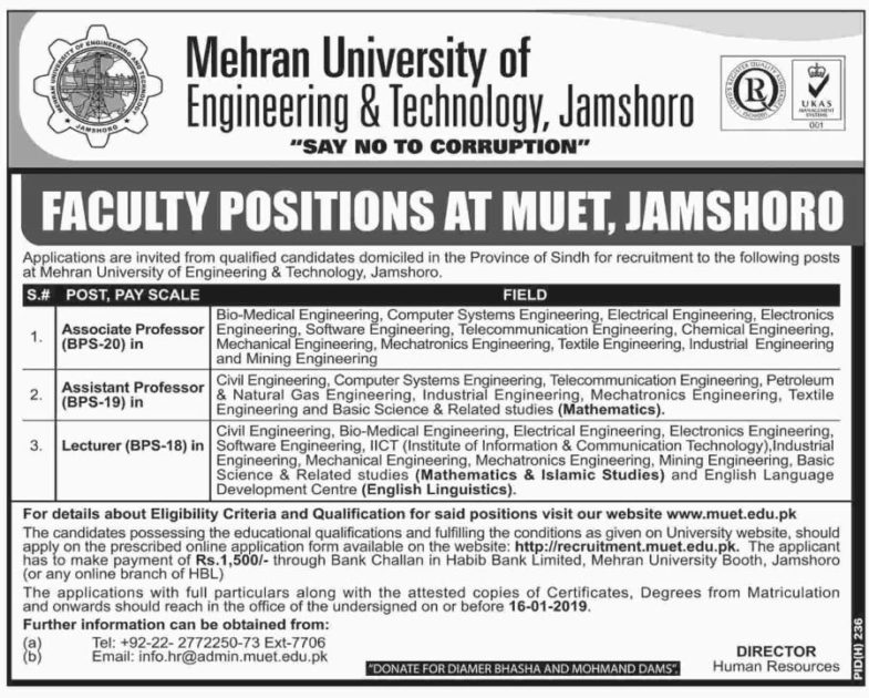 Mehran University of Engineering & Technology (MUET) Jobs 2019 for Teaching Faculty