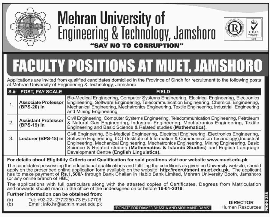 Mehran University of Engineering & Technology (MUET) Jobs 2019 for Teaching Faculty