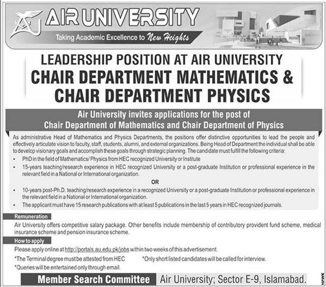 Air University Jobs 2019 for Chairperson