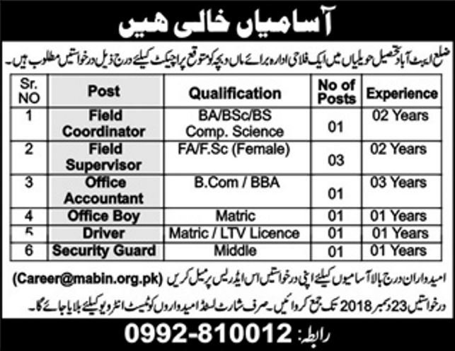 MABIN NGO Abbottabad Jobs 2019 for 8+ Field Coordinator, Supervisors, Accountant, Driver & Other Staff