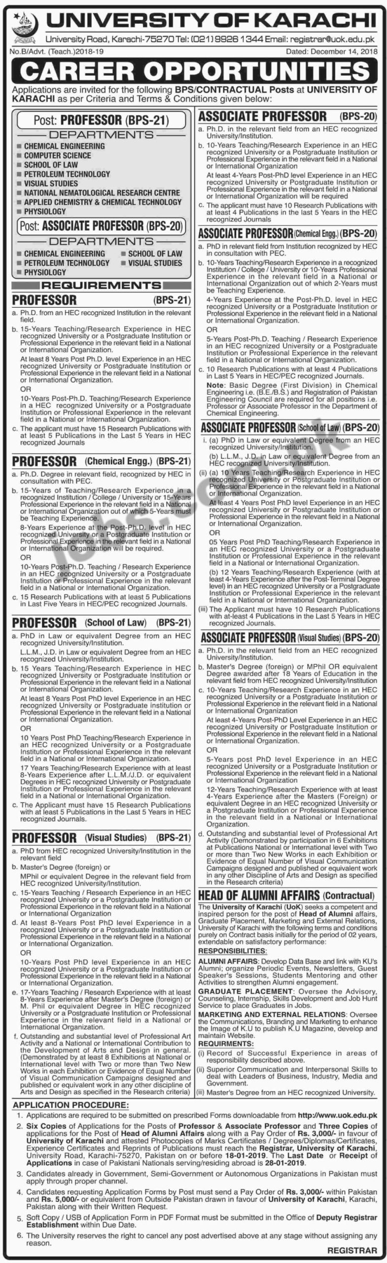 University of Karachi (UOK) Jobs 2019 – Apply Online: Name of the Organization: University of Karachi (UOK) Total No. of Vacancies: Multiple Qualifications & Age Limit: Please see job notification below for relevant experience, qualification & age limit information. Job Location: Karachi Last Date To Apply: 18th January 2019