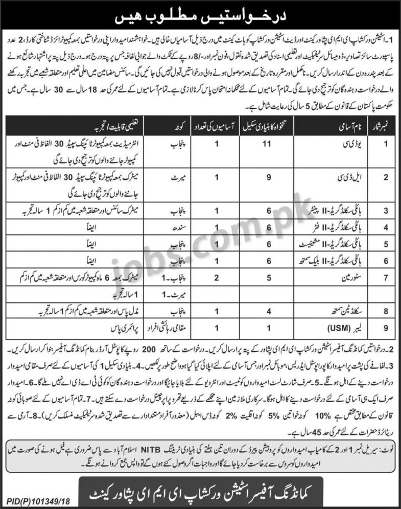Pak Army Jobs 2019 for 10+ LDC/UDC Clerks, Skilled & Support Staff at Station Workshop EME Peshawar