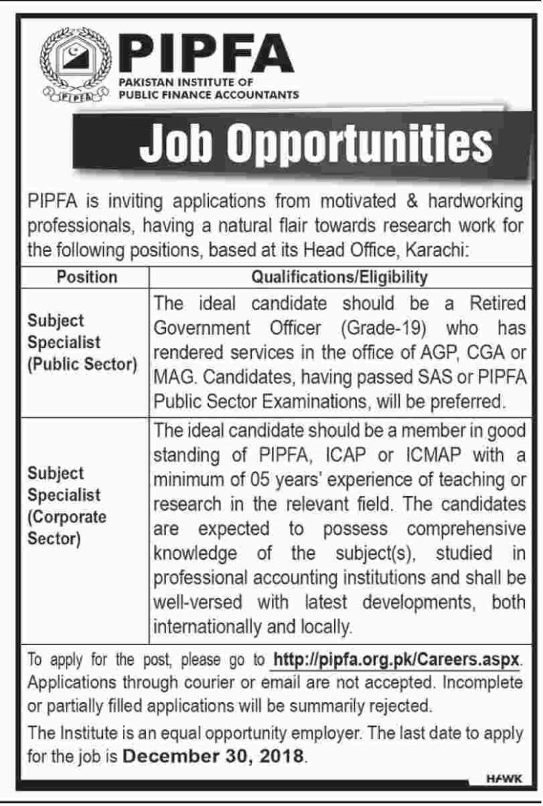 Pakistan Institute of Public Finance Accountants (PIPFA) Jobs 2019 for Subject Specialists