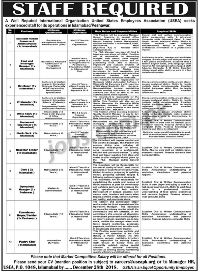 USEA Organization Pakistan Jobs 2019 for 13+ HR, IT, Admin, Operations, Office and Kitchen Staff (Islamabad/Peshawar)