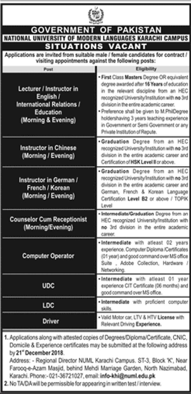 NUML (Karachi) Jobs 2019 for Teaching & Non-Teaching Staff (Multiple Categories)