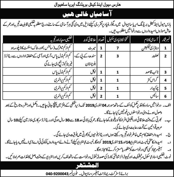 District Remount Office Sahiwal Jobs 2019 for 9+ Veterinary Technicians and Support Staff