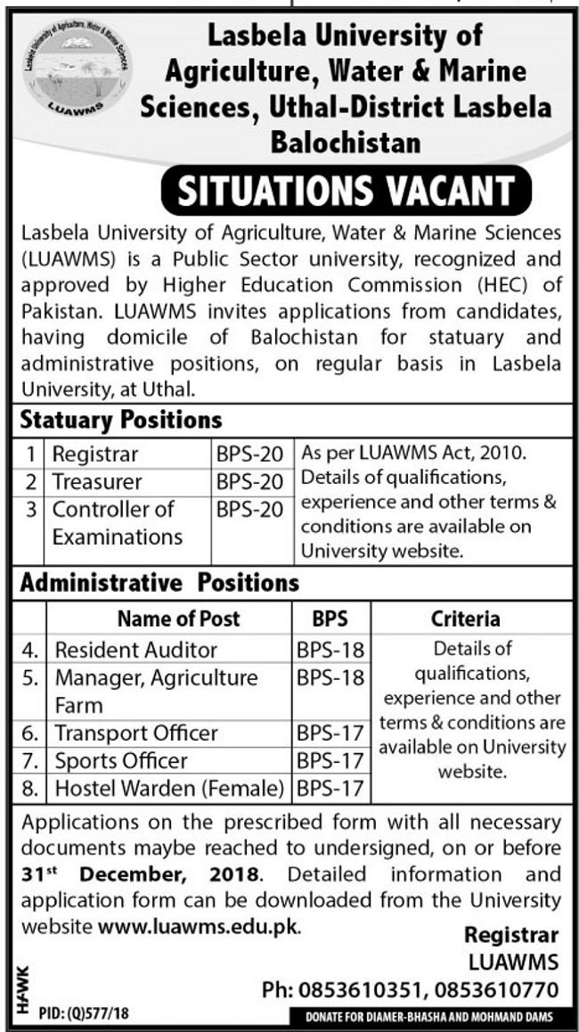 Lasbela University of Agriculture, Water & Marine Sciences Jobs 2019 for Admin, Treasurer, COE, Registrar, Officers and Other Posts