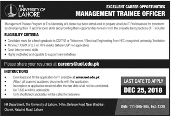 University of Lahore Jobs 2019 for Management Trainee Officer and Teaching Faculty