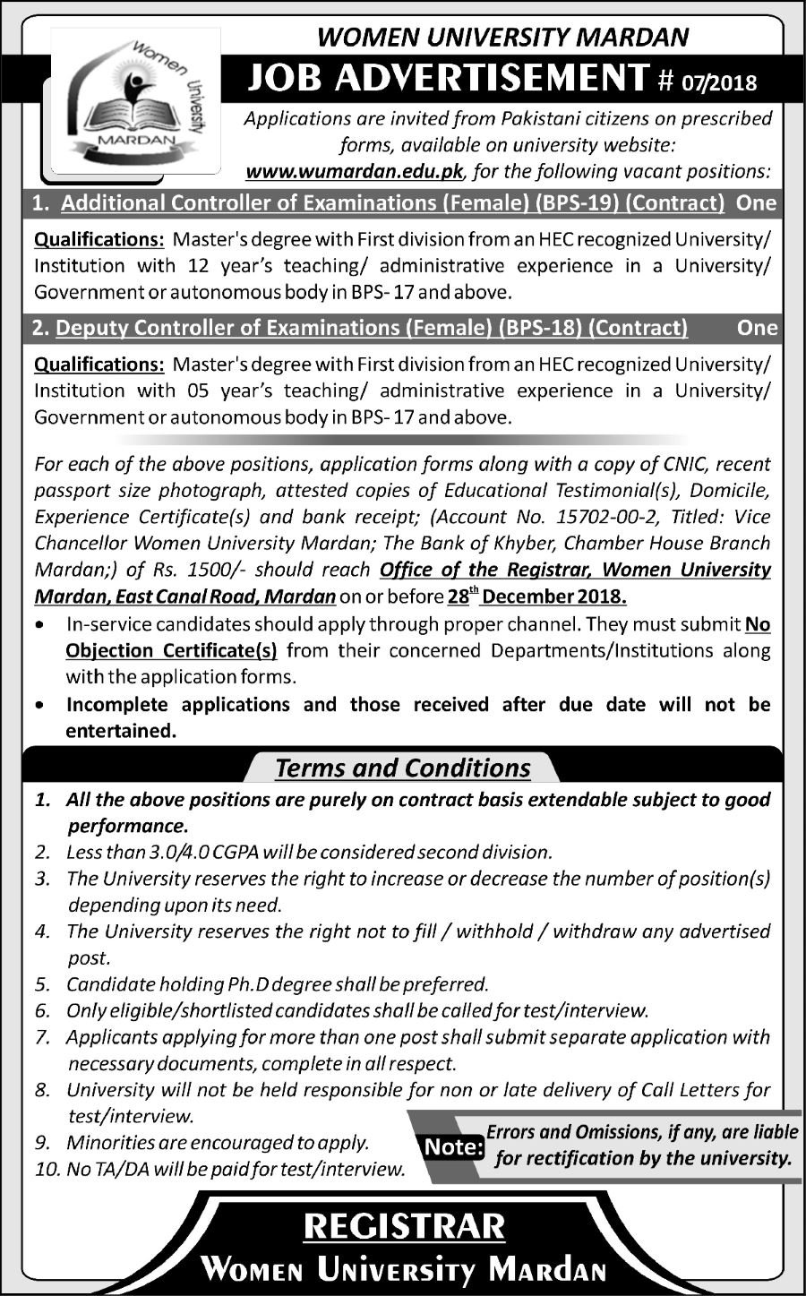 Women University Mardan Jobs 2019 for Controller of Examination Posts