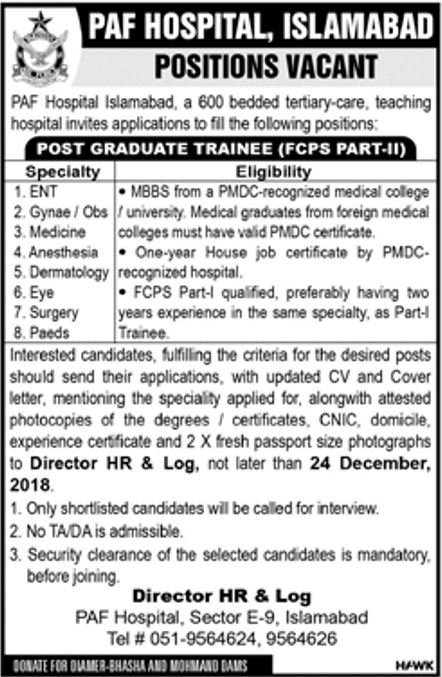 PAF Hospital Islamabad Post Graduate Trainee Program 2019