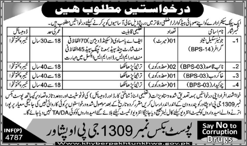 PO Box 1309 KP Jobs 2019 for Junior Stenographer, Naib Qasid & Other Support Staff