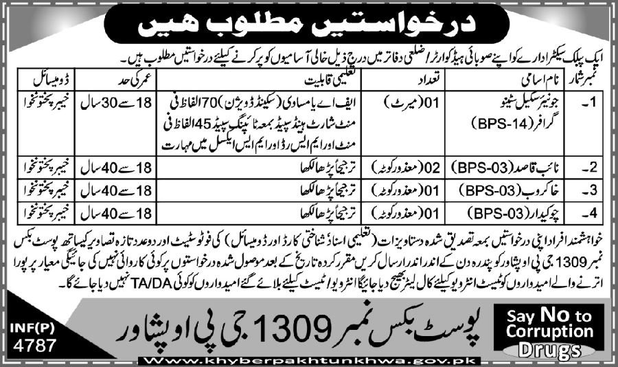 PO Box 1309 KP Jobs 2019 for Junior Stenographer, Naib Qasid & Other Support Staff