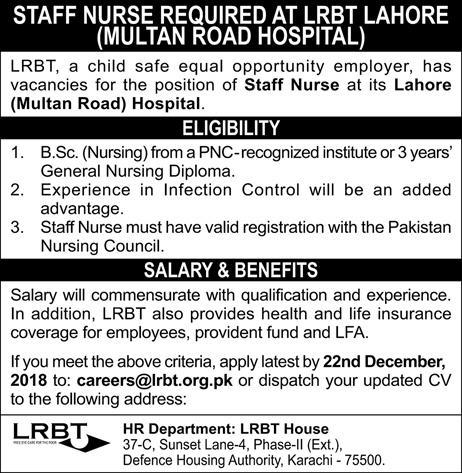 LRBT Hospital Jobs 2019 for Staff Nurses and Medical Professionals