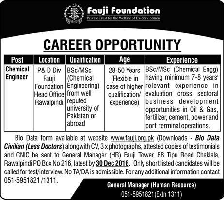 Fauji Foundation Jobs 2019 for Chemical Engineer