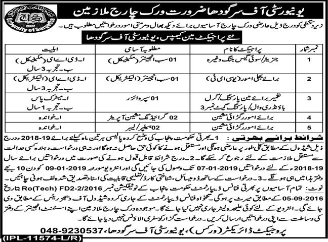 University of Sargodha Jobs 2019 for 7+ Sub-Engineers, Supervisors, Machine Operators and Support Staff