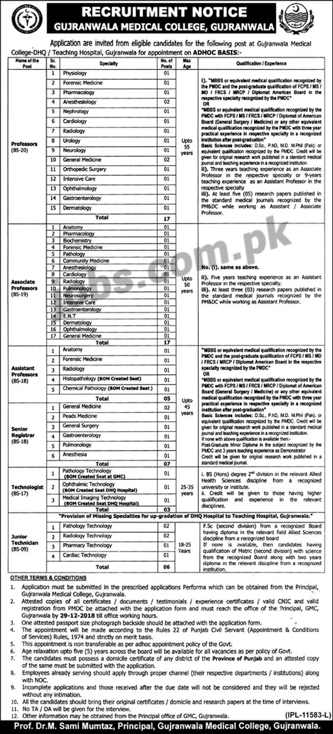 Gujranwala Medical College Jobs 2019 for 57+ Jr Technicians, Technologists and Teaching Faculty