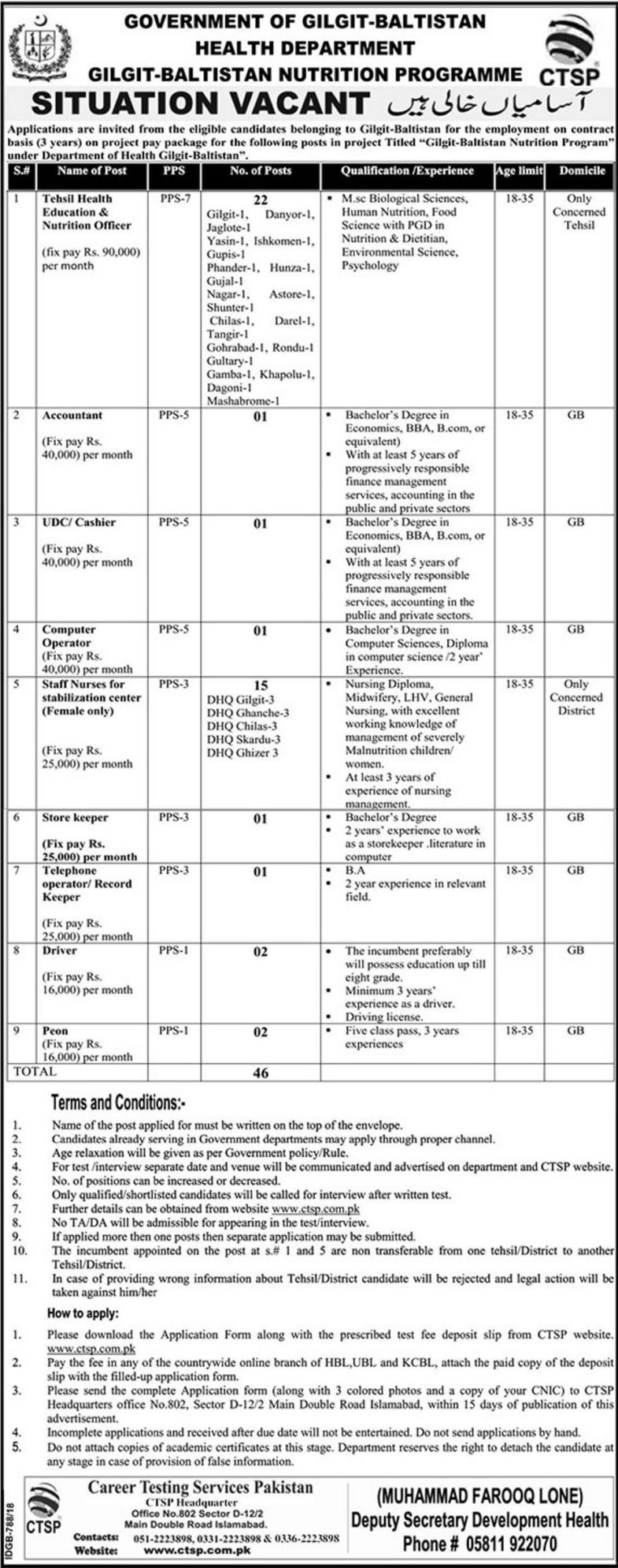 Gilgit Baltistan Health Department Jobs 2019 for 46+ Clerk, Cashier, Computer Operators, Accounts, Nutrition Officer, Staff Nurses & Other Posts