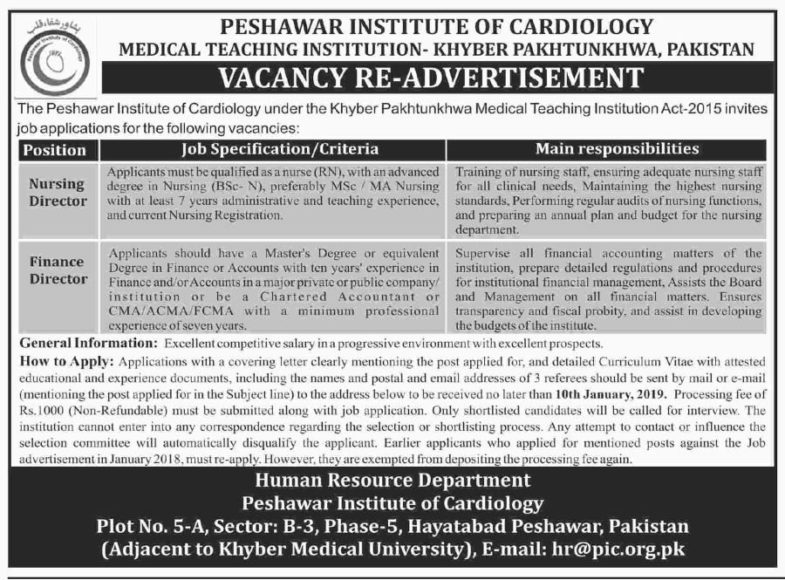 Peshawar Institute of Cardiology Jobs 2019 for HR, Admin & Management Posts