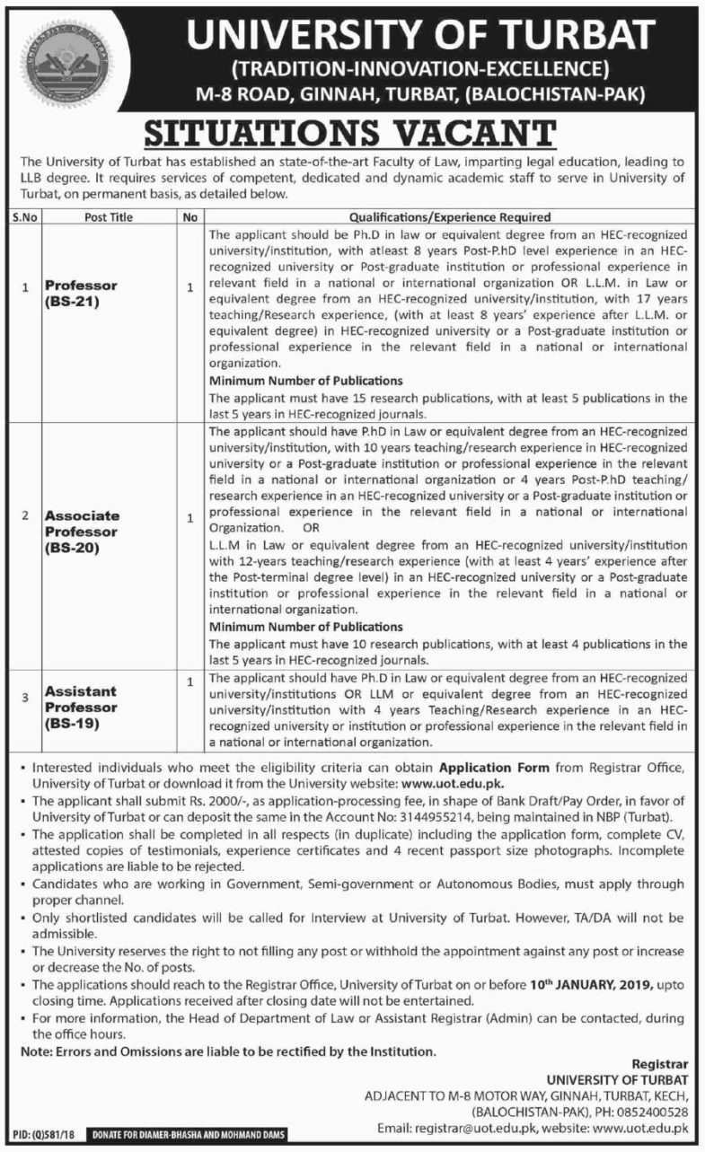 University of Turbat Jobs 2019 for Teaching Faculty
