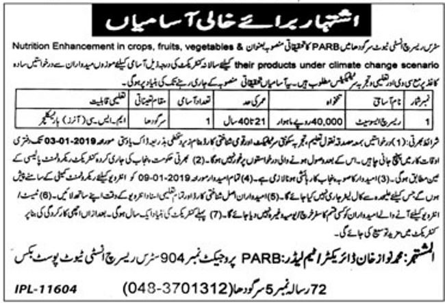 PARB Punjab Jobs 2019 for Research Associate