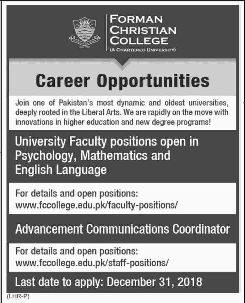 Forman Christian College Jobs 2019 for Teaching Faculty