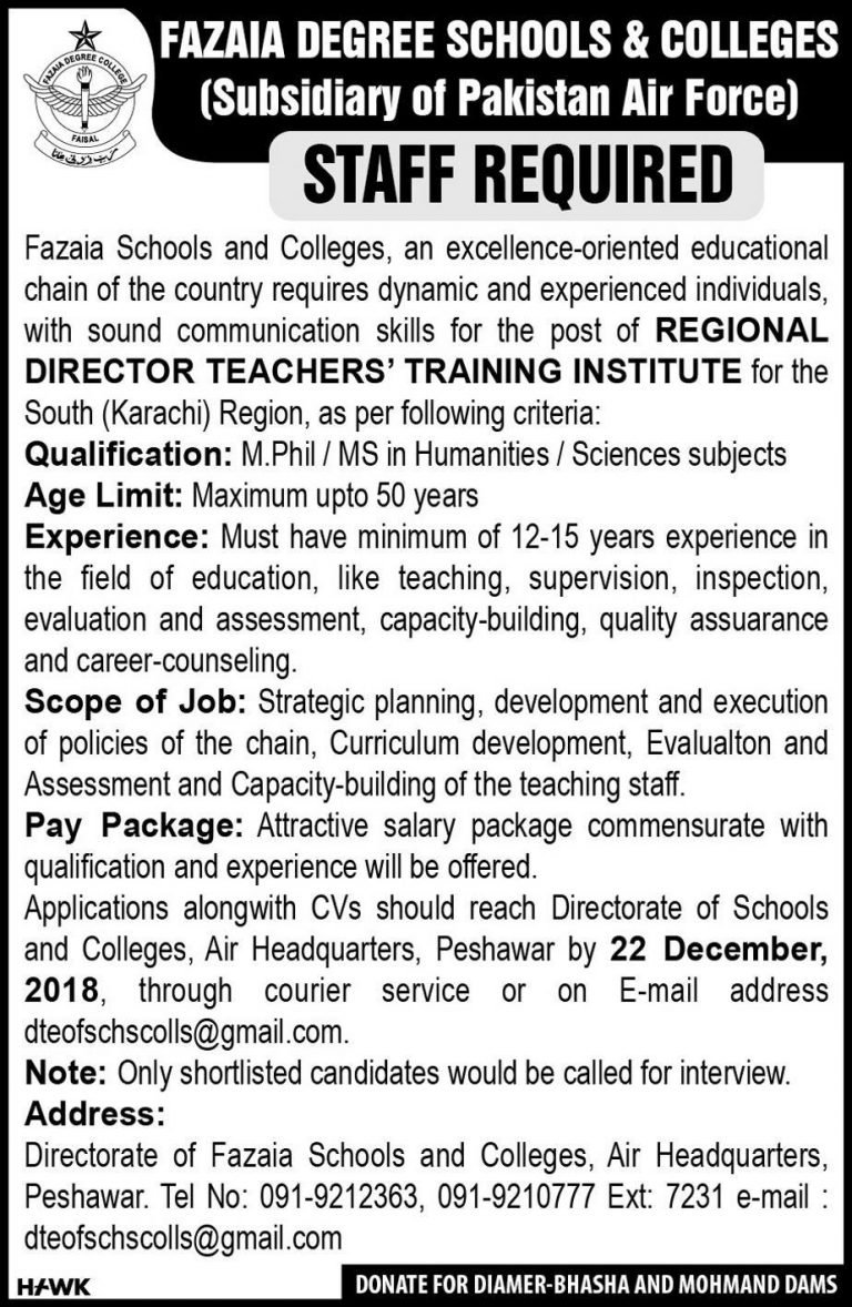 Fazaia Degree Schools / Colleges Peshawar Jobs 2019 for Director / Management