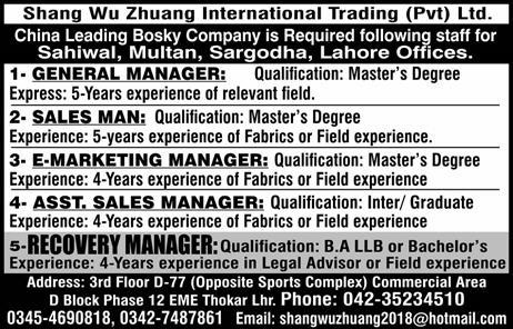 SWZ International Trading Ltd Jobs 2019 for GM, Sales, Emarketing, and Recover Managers (Multiple Cities)