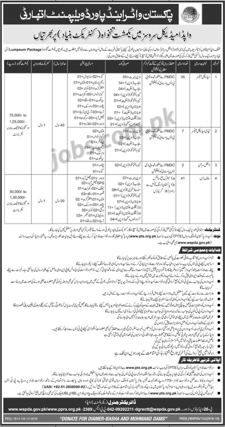 WAPDA Jobs 2019 for 85+ Staff Nurses, Medical Officers & Specialists at WAPDA Medical Services (Multiple Cities)