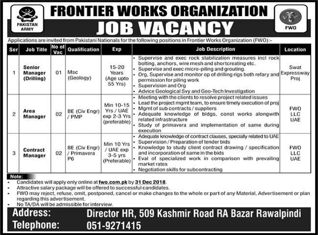 Frontier Works Organization (FWO) Jobs 2019 for Contract Manager, Area Managers, and Drilling Manager
