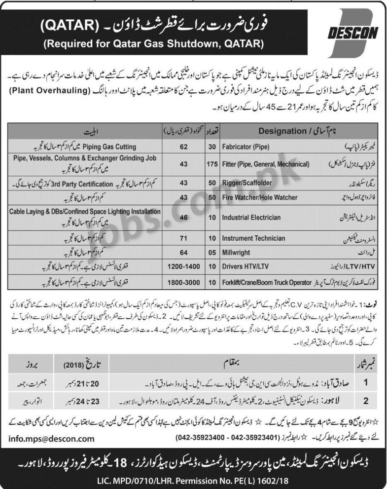 DESCON Engineering Ltd Pakistan Jobs 2019 for 350+ DAE, Technical, Drivers & Other Staff for Qatar Projects