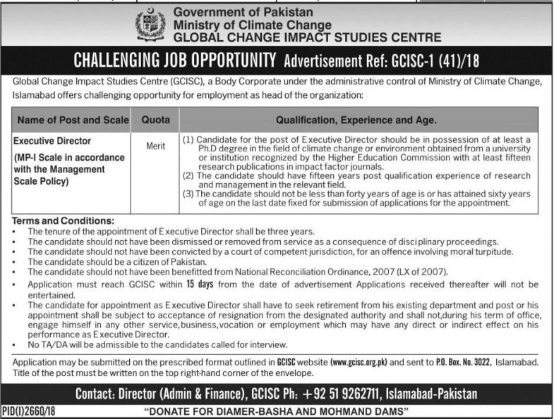 Ministry of Climate Change Pakistan Jobs 2019 for Executive Director / Management Post