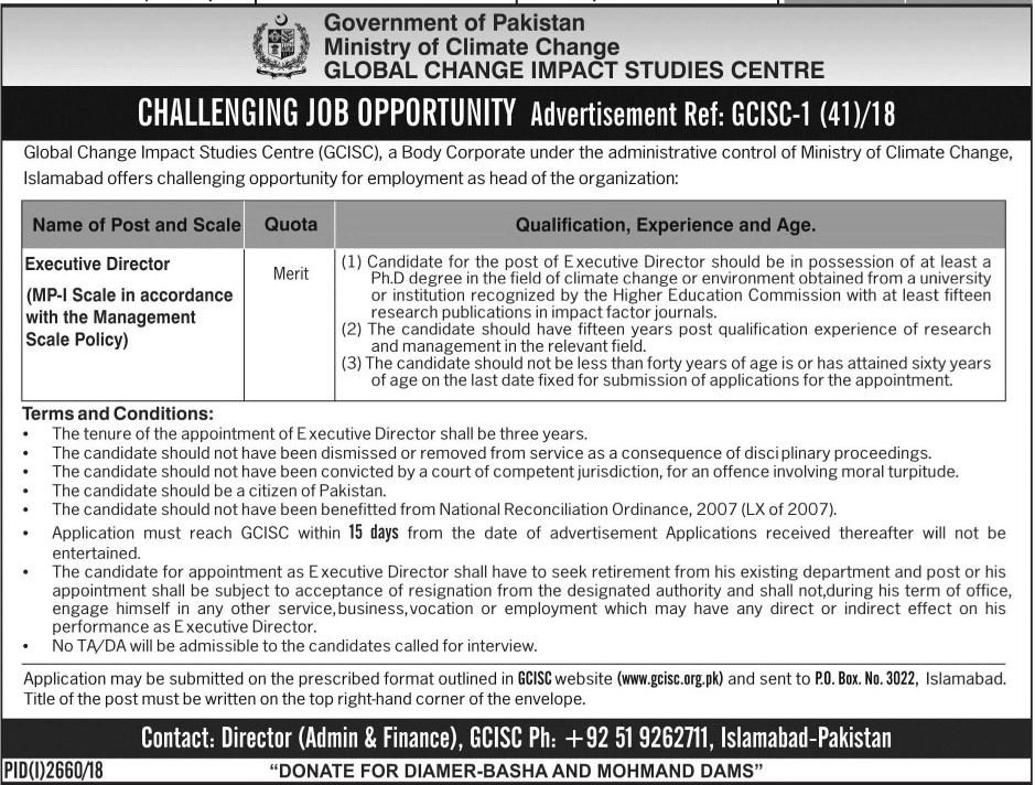 Ministry of Climate Change Pakistan Jobs 2019 for Executive Director / Management Post