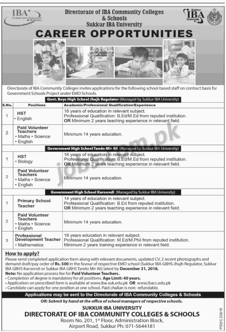 IBA Schools Jobs 2019 for Various Teaching Staff Positions