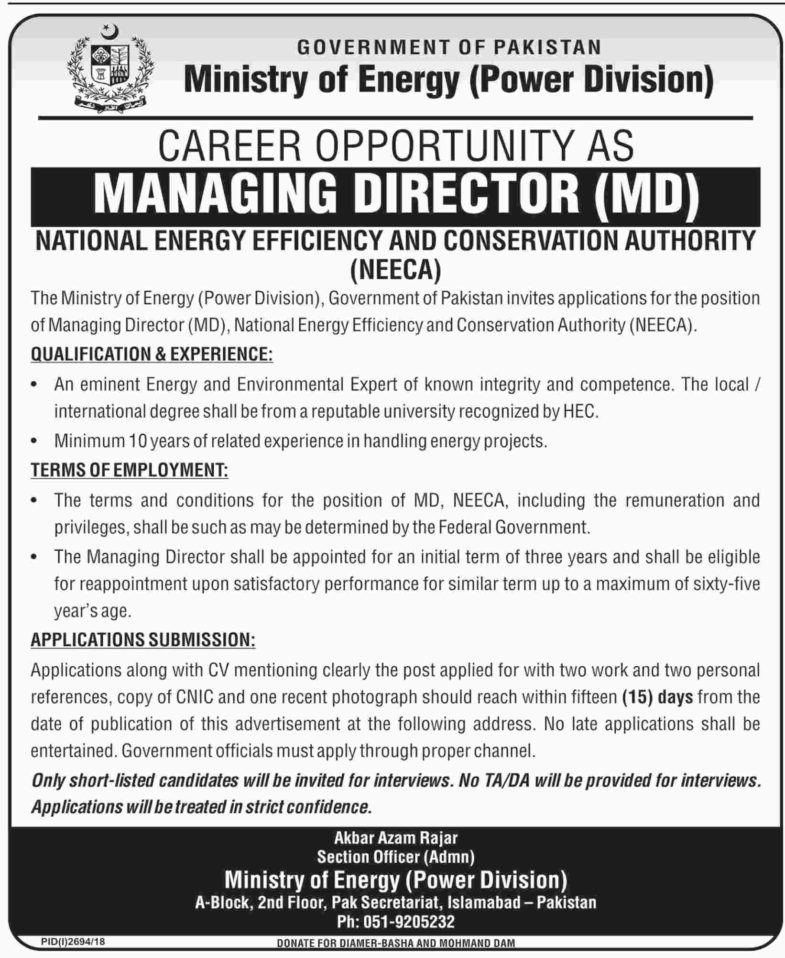 Ministry of Energy Pakistan Jobs 2019 for Managing Director / MD