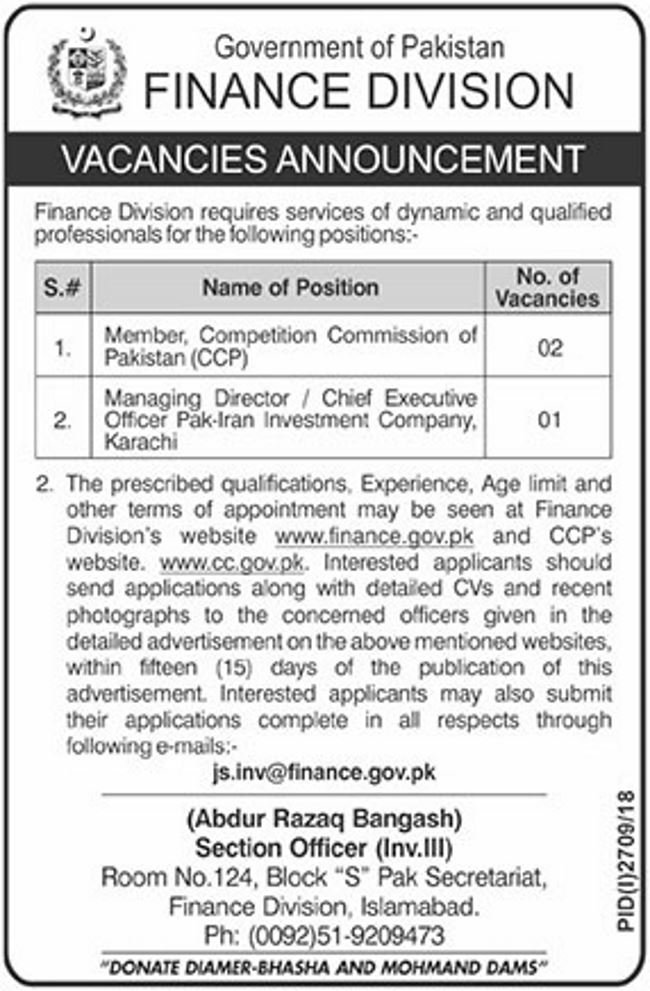 Finance Division Pakistan Govt Jobs 2019 for MD, Member / Management Posts