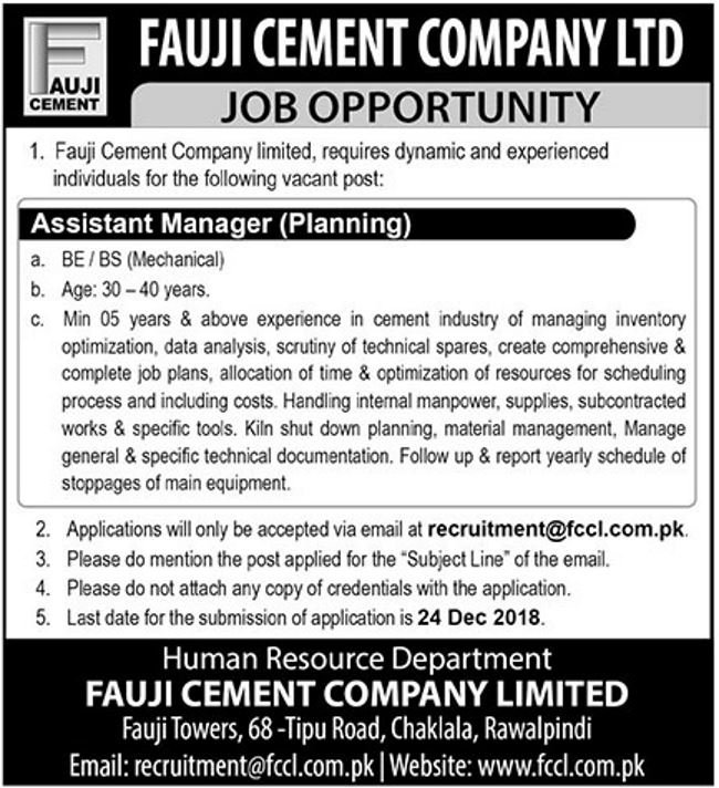Fauji Cement Company Ltd (FCCL) Jobs 2019 for Assistant Manager / BE / BS