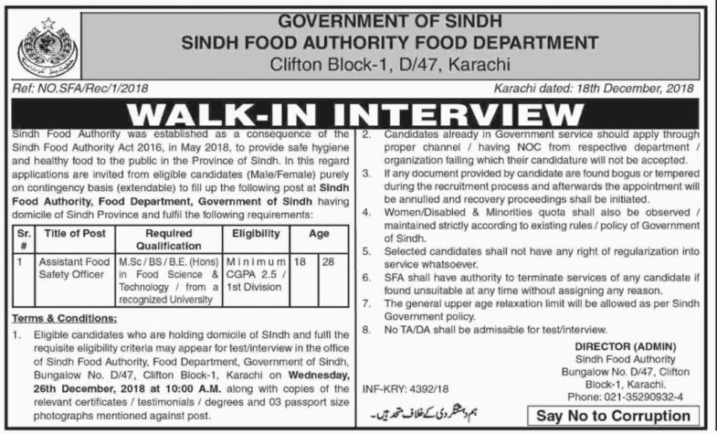 Sindh Food Authority Jobs 2019 for Assistant Food Safety Officers (Walk-in Interviews)