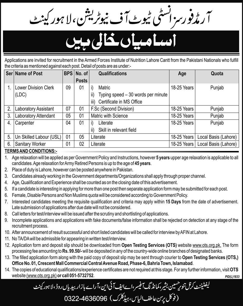 Armed Forces Institute of Nutrition Jobs 2019 for 11+ LDC Clerk, Lab, Skilled & Support Staff